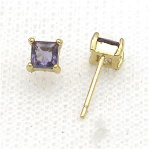 Copper Stud Earring Pave Zircon Purple Crystal Square Gold Plated, approx 5mm [FN34130]