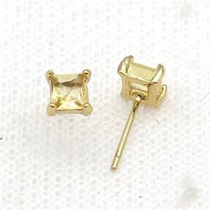 Copper Stud Earring Pave Zircon Yellow Crystal Square Gold Plated, approx 5mm [FN34131]