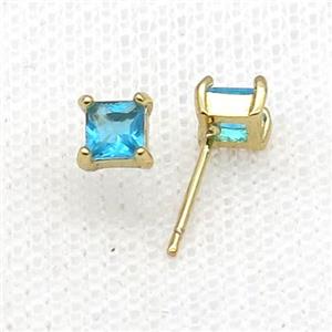 Copper Stud Earring Pave Zircon Aqua Crystal Square Gold Plated, approx 5mm [FN34132]