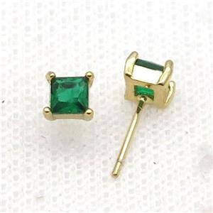 Copper Stud Earring Pave Zircon Green Crystal Square Gold Plated, approx 5mm [FN34133]