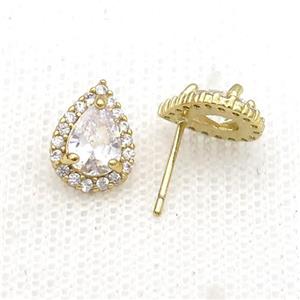 Copper Stud Earring Pave Zircon Clear Crystal Teardrop Gold Plated, approx 8-11mm [FN34134]