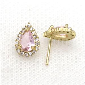 Copper Stud Earring Pave Zircon Pink Crystal Teardrop Gold Plated, approx 8-11mm [FN34135]