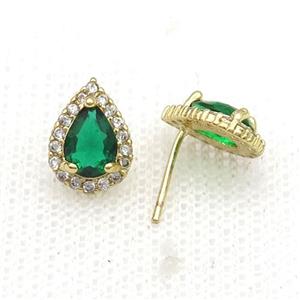 Copper Stud Earring Pave Zircon Green Crystal Teardrop Gold Plated, approx 8-11mm [FN34136]