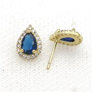 Copper Stud Earring Pave Zircon Blue Crystal Teardrop Gold Plated, approx 8-11mm [FN34138]
