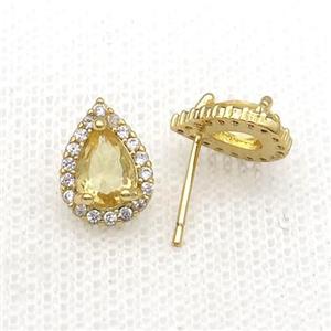 Copper Stud Earring Pave Zircon Yellow Crystal Teardrop Gold Plated, approx 8-11mm [FN34139]