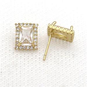 Copper Stud Earring Pave Zircon Clear Crystal Rectangle Gold Plated, approx 8-10mm [FN34140]