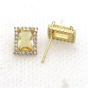 Copper Stud Earring Pave Zircon Yellow Crystal Rectangle Gold Plated, approx 8-10mm [FN34142]
