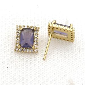 Copper Stud Earring Pave Zircon Purple Crystal Rectangle Gold Plated, approx 8-10mm [FN34143]