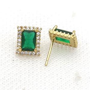 Copper Stud Earring Pave Zircon Green Crystal Rectangle Gold Plated, approx 8-10mm [FN34144]