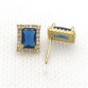 Copper Stud Earring Pave Zircon Blue Crystal Rectangle Gold Plated, approx 8-10mm [FN34145]