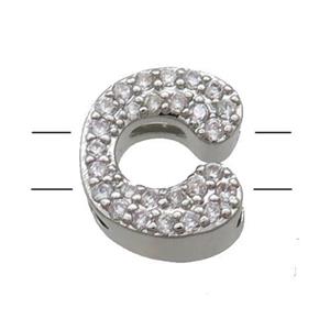Copper Alphabet Beads Pave Zircon Letter-C 2holes Platinum Plated, approx 10-13mm [FN34148]