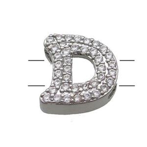 Copper Alphabet Beads Pave Zircon Letter-D 2holes Platinum Plated, approx 10-13mm [FN34149]