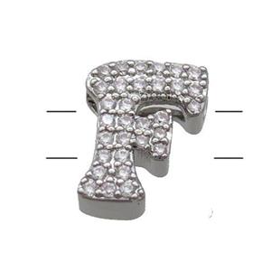 Copper Alphabet Beads Pave Zircon Letter-F 2holes Platinum Plated, approx 10-13mm [FN34151]
