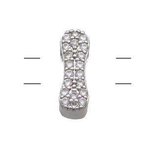 Copper Alphabet Beads Pave Zircon Letter-I 2holes Platinum Plated, approx 10-13mm [FN34154]