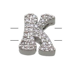 Copper Alphabet Beads Pave Zircon Letter-K 2holes Platinum Plated, approx 10-13mm [FN34156]