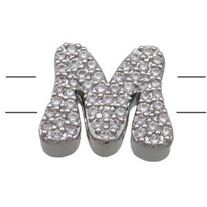 Copper Alphabet Beads Pave Zircon Letter-M 2holes Platinum Plated, approx 10-13mm [FN34158]