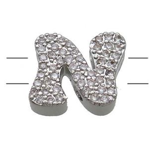Copper Alphabet Beads Pave Zircon Letter-N 2holes Platinum Plated, approx 10-13mm [FN34159]
