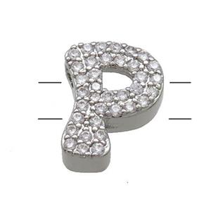Copper Alphabet Beads Pave Zircon Letter-P 2holes Platinum Plated, approx 10-13mm [FN34161]