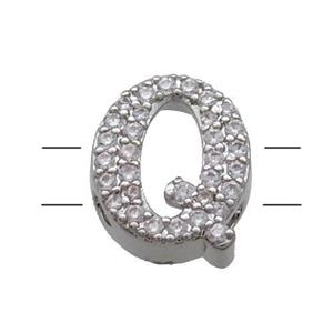 Copper Alphabet Beads Pave Zircon Letter-Q 2holes Platinum Plated, approx 10-13mm [FN34162]