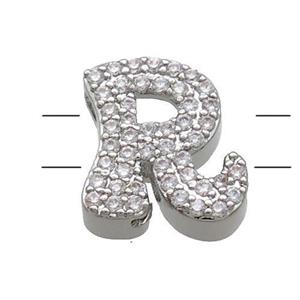 Copper Alphabet Beads Pave Zircon Letter-R 2holes Platinum Plated, approx 10-13mm [FN34163]