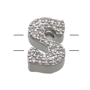 Copper Alphabet Beads Pave Zircon Letter-S 2holes Platinum Plated, approx 10-13mm [FN34164]