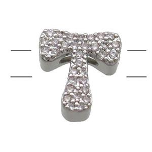 Copper Alphabet Beads Pave Zircon Letter-T 2holes Platinum Plated, approx 10-13mm [FN34165]