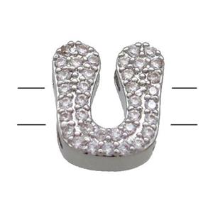 Copper Alphabet Beads Pave Zircon Letter-U 2holes Platinum Plated, approx 10-13mm [FN34166]