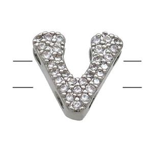 Copper Alphabet Beads Pave Zircon Letter-V 2holes Platinum Plated, approx 10-13mm [FN34167]