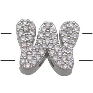 Copper Alphabet Beads Pave Zircon Letter-W 2holes Platinum Plated, approx 10-13mm [FN34168]