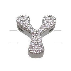 Copper Alphabet Beads Pave Zircon Letter-Y 2holes Platinum Plated, approx 10-13mm [FN34170]