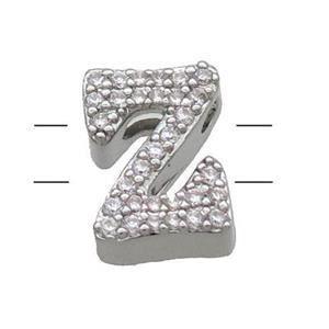 Copper Alphabet Beads Pave Zircon Letter-Z 2holes Platinum Plated, approx 10-13mm [FN34171]