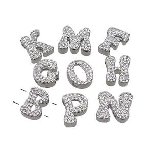 Copper Alphabet Beads Pave Zircon Mix Letter 2holes Platinum Plated, approx 10-13mm [FN34172]