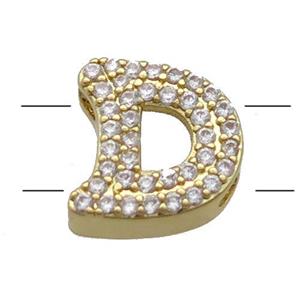Copper Alphabet Beads Pave Zircon Letter-D 2holes Gold Plated, approx 10-13mm [FN34176]