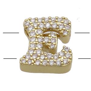 Copper Alphabet Beads Pave Zircon Letter-E 2holes Gold Plated, approx 10-13mm [FN34177]
