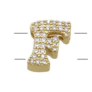 Copper Alphabet Beads Pave Zircon Letter-F 2holes Gold Plated, approx 10-13mm [FN34178]