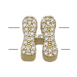 Copper Alphabet Beads Pave Zircon Letter-H 2holes Gold Plated, approx 10-13mm [FN34180]