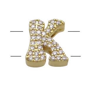 Copper Alphabet Beads Pave Zircon Letter-K 2holes Gold Plated, approx 10-13mm [FN34183]