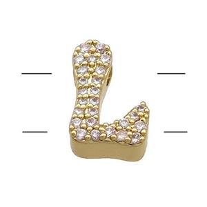 Copper Alphabet Beads Pave Zircon Letter-L 2holes Gold Plated, approx 10-13mm [FN34184]