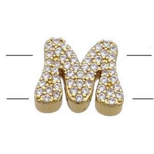 Copper Alphabet Beads Pave Zircon Letter-M 2holes Gold Plated, approx 10-13mm [FN34185]