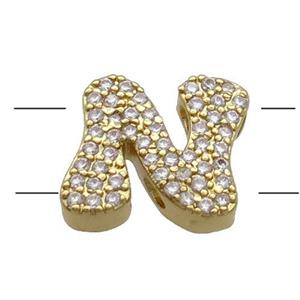 Copper Alphabet Beads Pave Zircon Letter-N 2holes Gold Plated, approx 10-13mm [FN34186]
