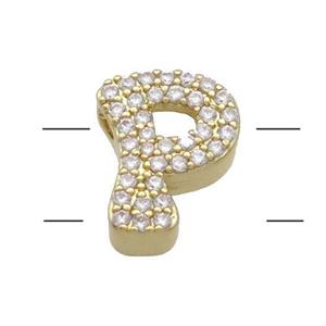 Copper Alphabet Beads Pave Zircon Letter-P 2holes Gold Plated, approx 10-13mm [FN34188]