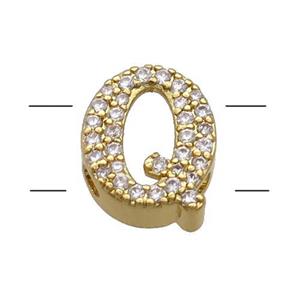 Copper Alphabet Beads Pave Zircon Letter-Q 2holes Gold Plated, approx 10-13mm [FN34189]