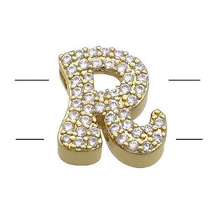Copper Alphabet Beads Pave Zircon Letter-R 2holes Gold Plated, approx 10-13mm [FN34190]