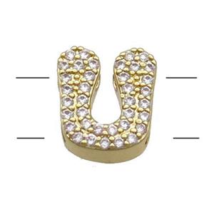 Copper Alphabet Beads Pave Zircon Letter-U 2holes Gold Plated, approx 10-13mm [FN34193]