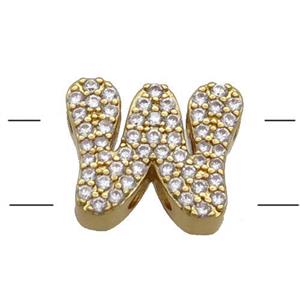 Copper Alphabet Beads Pave Zircon Letter-W 2holes Gold Plated, approx 10-13mm [FN34195]