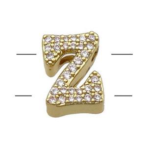 Copper Alphabet Beads Pave Zircon Letter-Z 2holes Gold Plated, approx 10-13mm [FN34198]