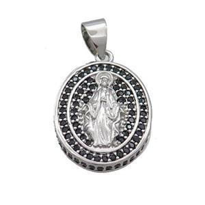 Copper Jesus Pendant Pave Black Zircon Oval Platinum Plated, approx 16-19mm [FN34243]