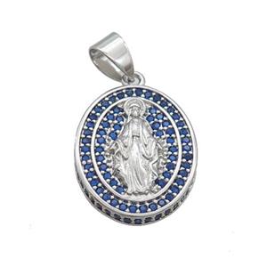 Copper Jesus Pendant Pave Blue Zircon Oval Platinum Plated, approx 16-19mm [FN34244]