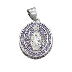 Copper Jesus Pendant Pave Purple Zircon Oval Platinum Plated, approx 16-19mm [FN34245]