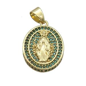 Copper Jesus Pendant Pave Green Zircon Oval Gold Plated, approx 16-19mm [FN34255]